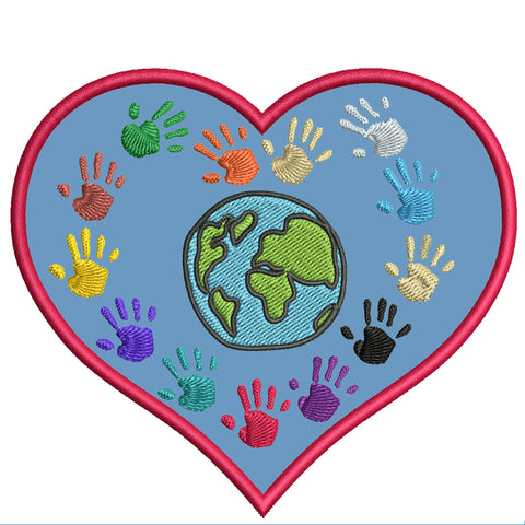 Autism Awareness Support -Heart Earth Hands - 4.5" Embroidered Iron or Sew-on Patch - Make A Difference Series