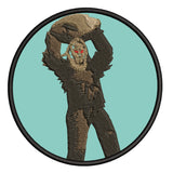 Bigfoot Throwing Boulder / Rock  3.5" Embroidered Iron / Sew-on Patch Cryptid Creature Series