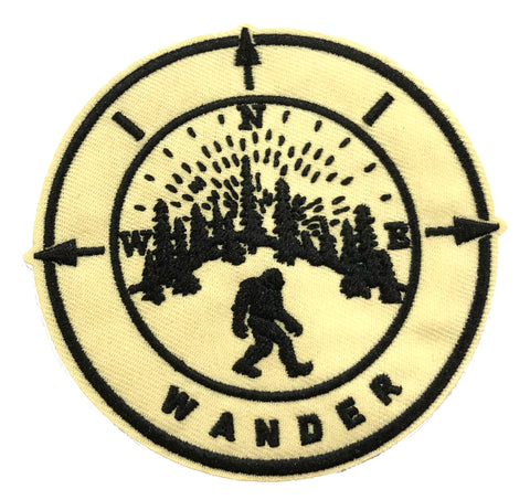 Bigfoot and Compass - WANDER - 3.5" Embroidered Iron / Sew-on Patch Cryptid Creature Series  Mountains