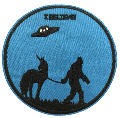 Bigfoot - Unicorn - Flying Saucer - I Believe - 3.5" Embroidered Iron / Sew-on Patch Cryptid Creature Series