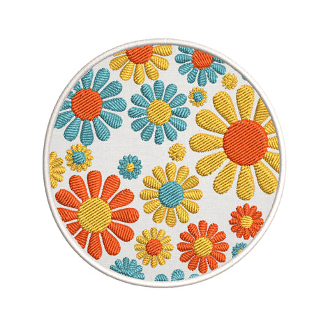 Circle Daisies Flower 3.5" Embroidered Iron or Sew-on Patch