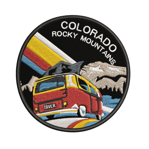 Rocky Mountains, Rainbow Hippie Van 3.5" Embroidered Iron or Sew-on Patch