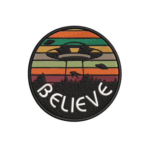 Believe UFO Retro Stripes 3.5" Embroidered Iron or Sew-on Patch